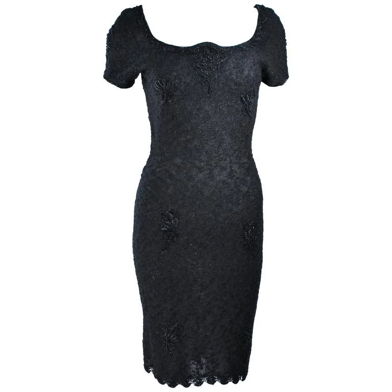 Sale Event VINTAGE Circa 1960s Black Beaded Wool Knit Cocktail Dress