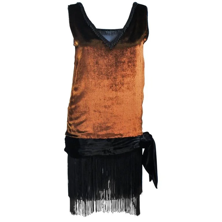 Deal Mania DAVID FIELDEN Orange Velvet Cocktail Dress w/ Fringe Size 2