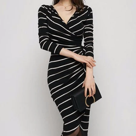 New Arrival Striped V-Neck Long Sleeve Dress