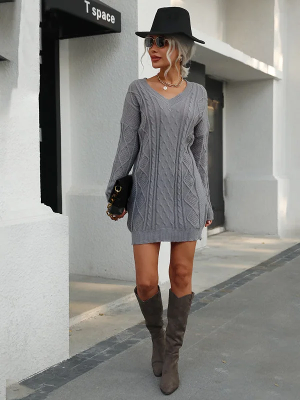 Quick Sale Women’s V-Neck Textured Short Knit Dress With Long Sleeves