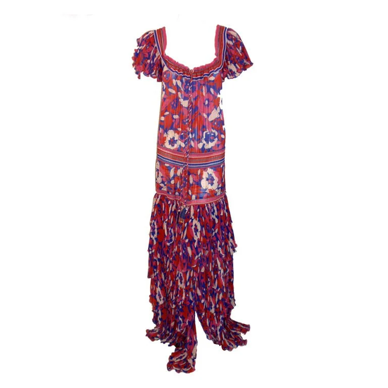 Weekend Flash Sale DIANE FREIS 1980s Red Long Floral Print Dress w/ Ruffles