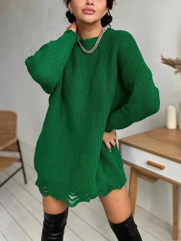 Final Clearance Women's Ribbed Tunic Jumper Dress With Frayed Hem