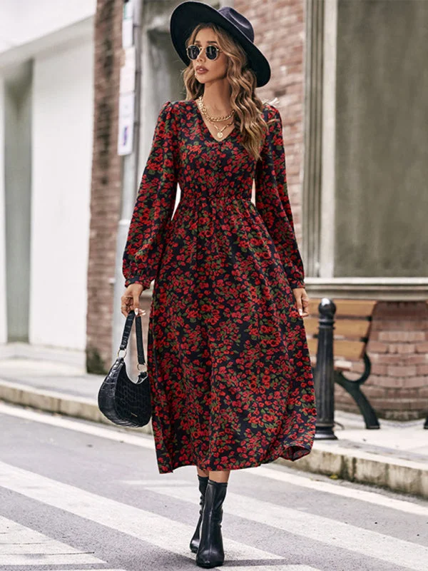 Value Deals women's Long Length Autumn Floral Printed A-Line Dress