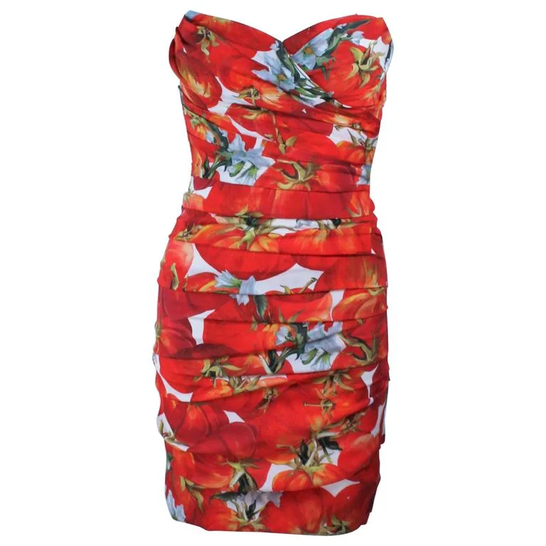 Early Access DOLCE & GABBANA Ruched Stretch Silk Fruit Print Dress Size 38