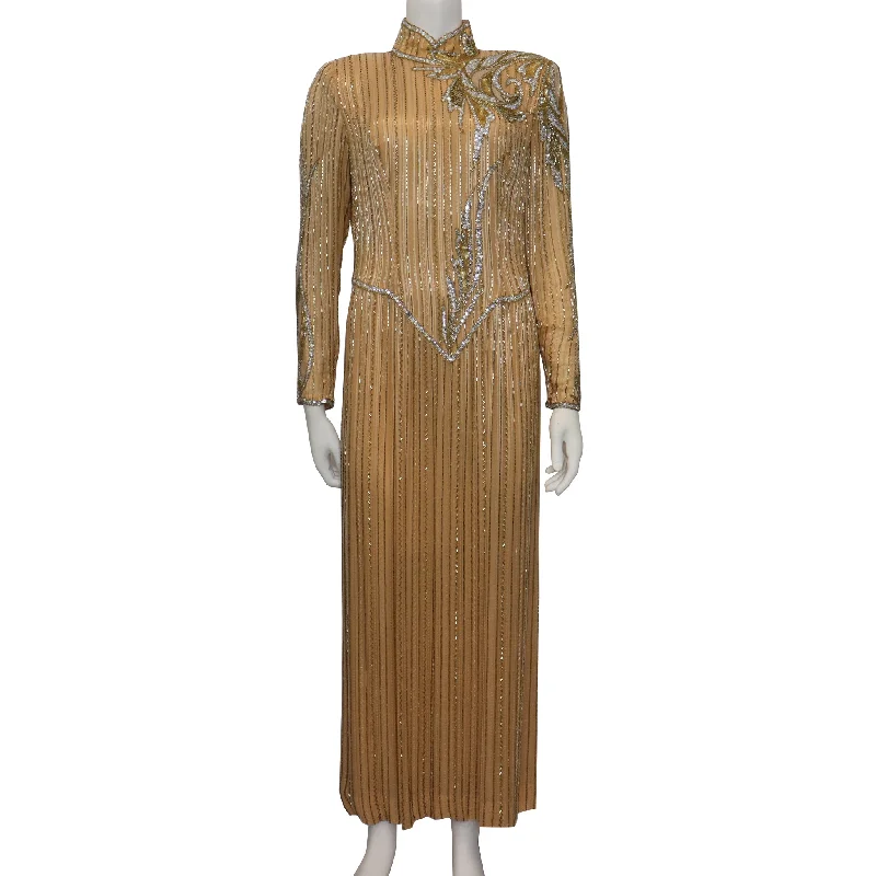 Limited Stock Bob Mackie High Collar Long Sleeve Gold Beaded Gown Circa 1990s