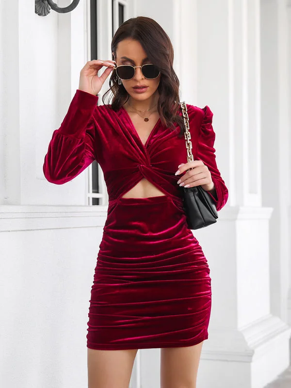 Deal Zone Women's Velvet Fitted Ruched Mini Dress With Front Cut Out Detail