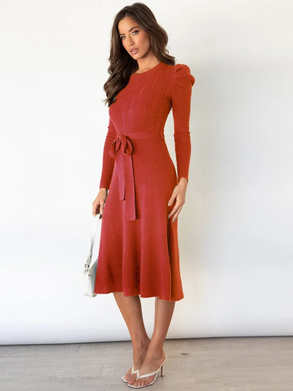 Bonus Savings Women's Cable Knit A-Line Dress With Ruffle Sleeve Detail And Belt