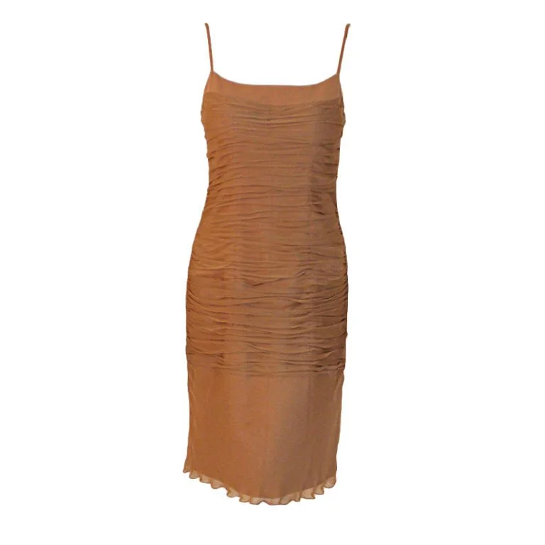 Stock Clearance JAMES GALANOS 1990s Caramel Ruched Chiffon Cocktail Dress