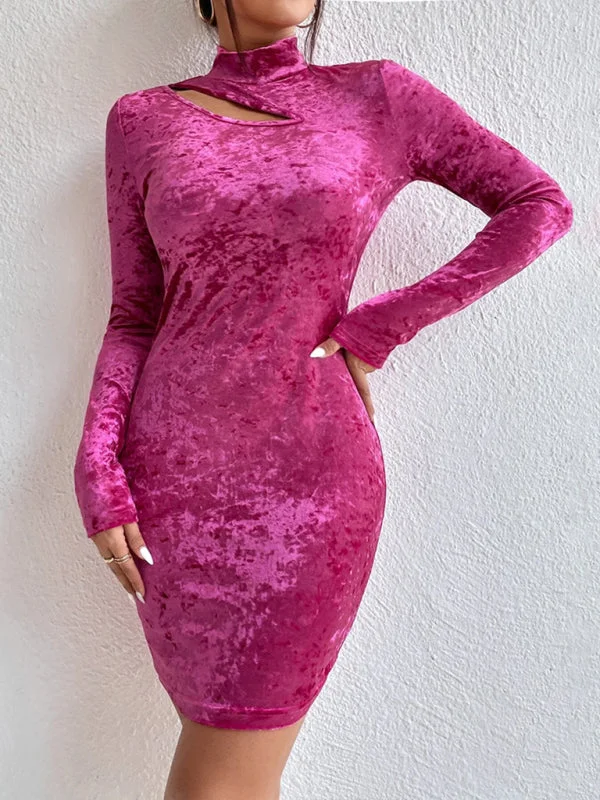 Inventory Reduction Women's High Neck Fitted Velvet Bodycon Dress With Side Neck Cutout