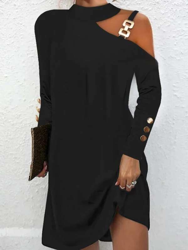 Extra Savings Women's Long Sleeve Knee Length Dress With Shoulder Buckle Detail