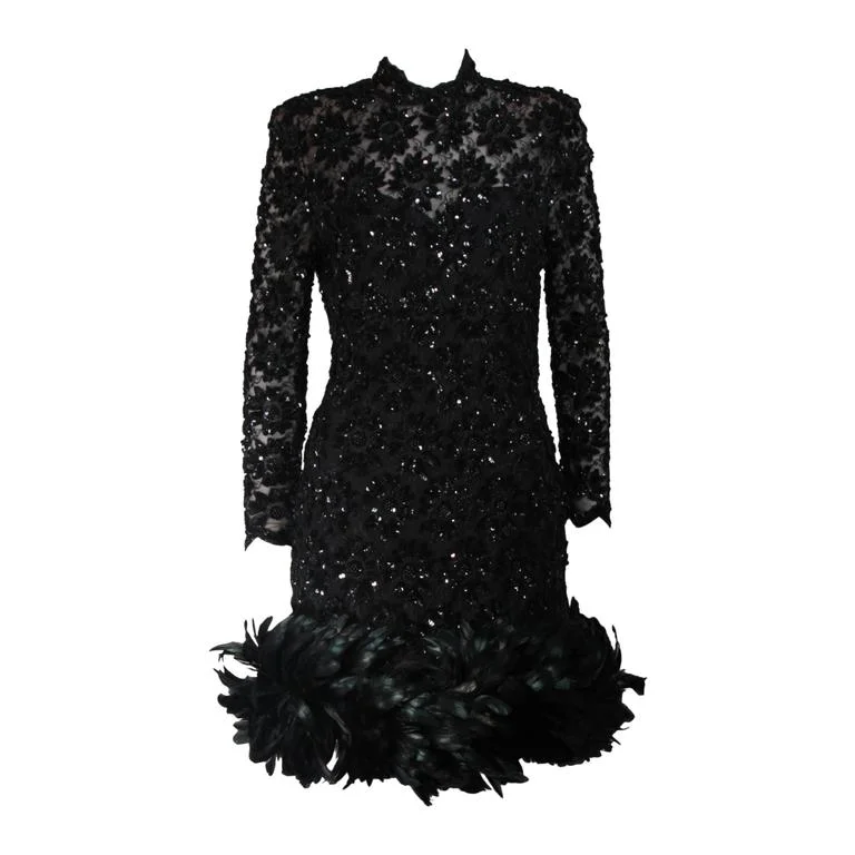 Final Markdown TRAVILLA Black Sequin Beaded Cocktail Dress with Feather Hem