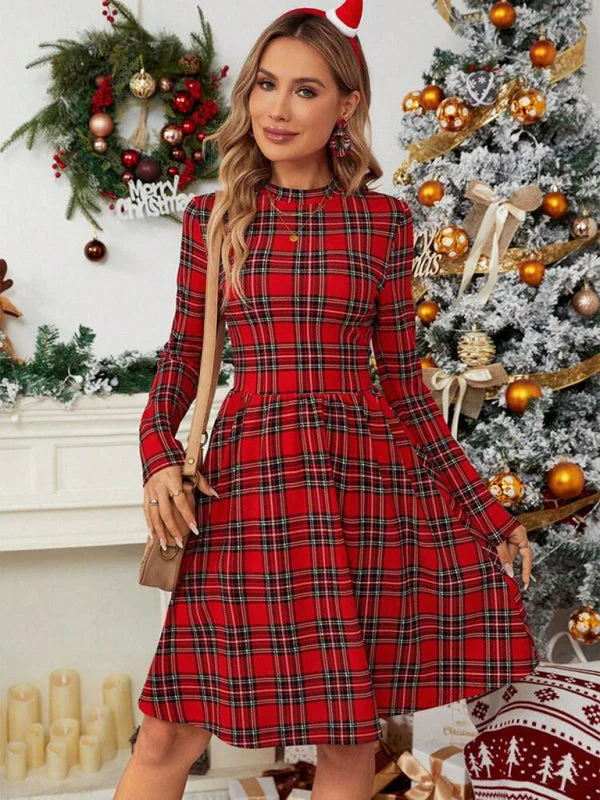 Super Bargain Women's Traditional Plaid Print Long Sleeve A-Line Dress