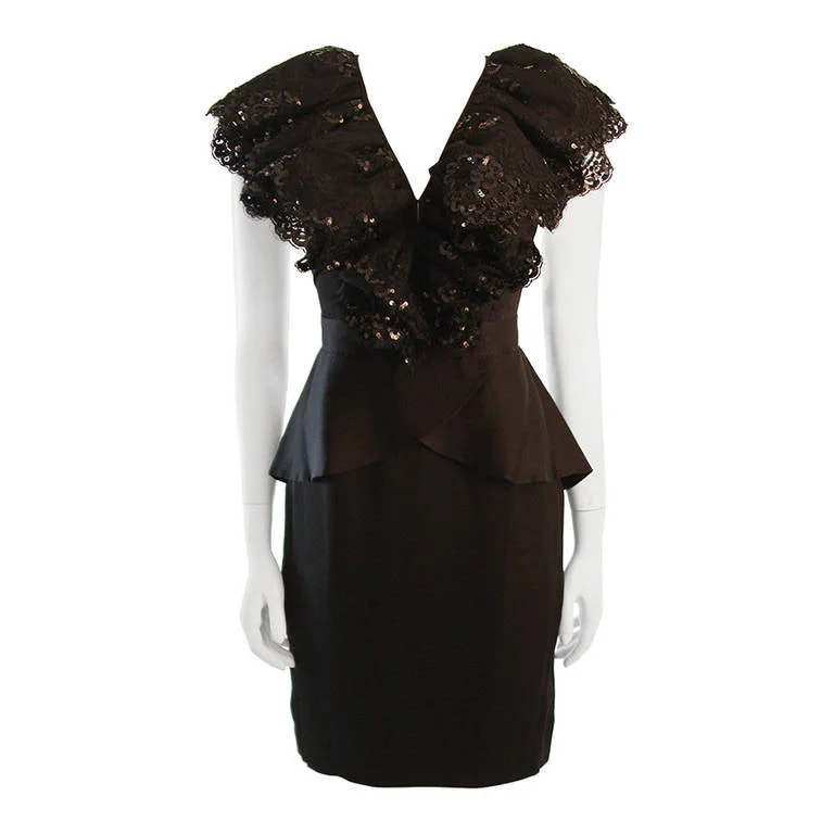 Deal Alert VICKY TIEL Black Sequined and Ruffled Open Back Cocktail Dress