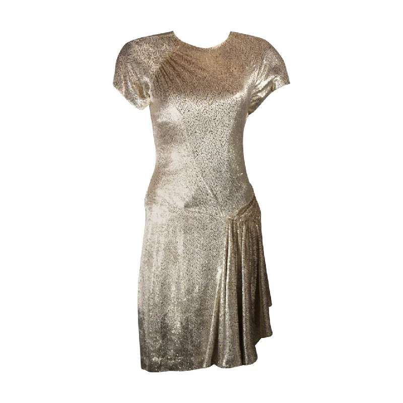Savings Galore VICKY TIEL Ivory and Gold Velvet Texture Cocktail Dress Size 38