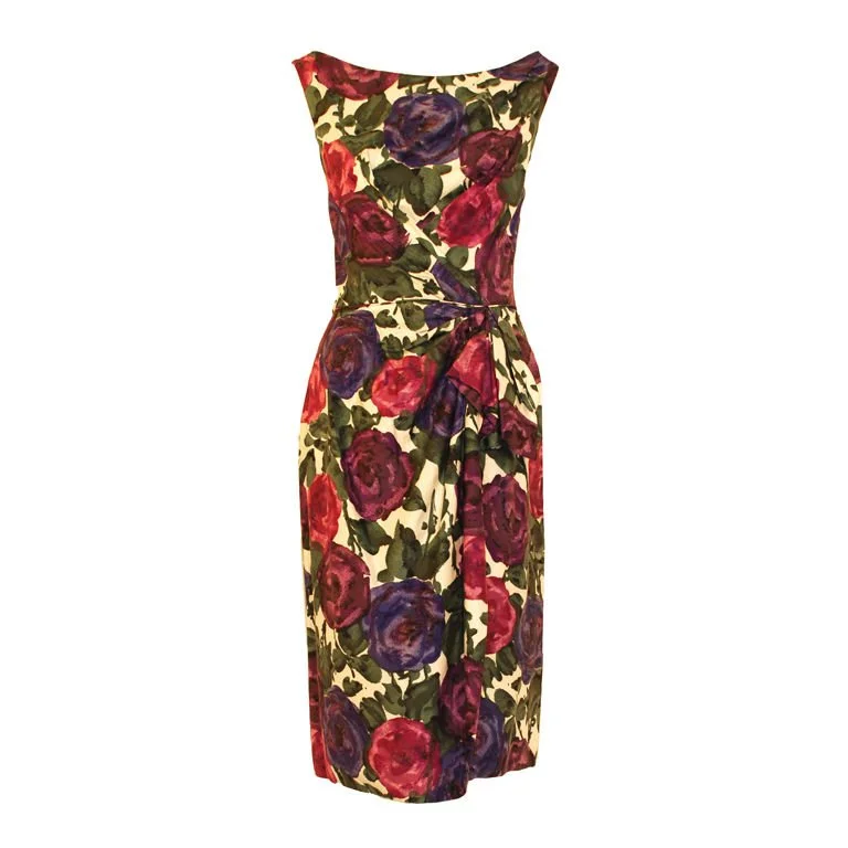 Seasonal Clearance CEIL CHAPMAN 1950s Violet Cotton Floral Print Wiggle Dress