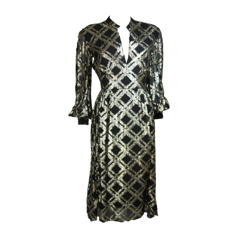 Must-Have Deals CEIL CHAPMAN Black Silk and Gold Cocktail Dress Size M