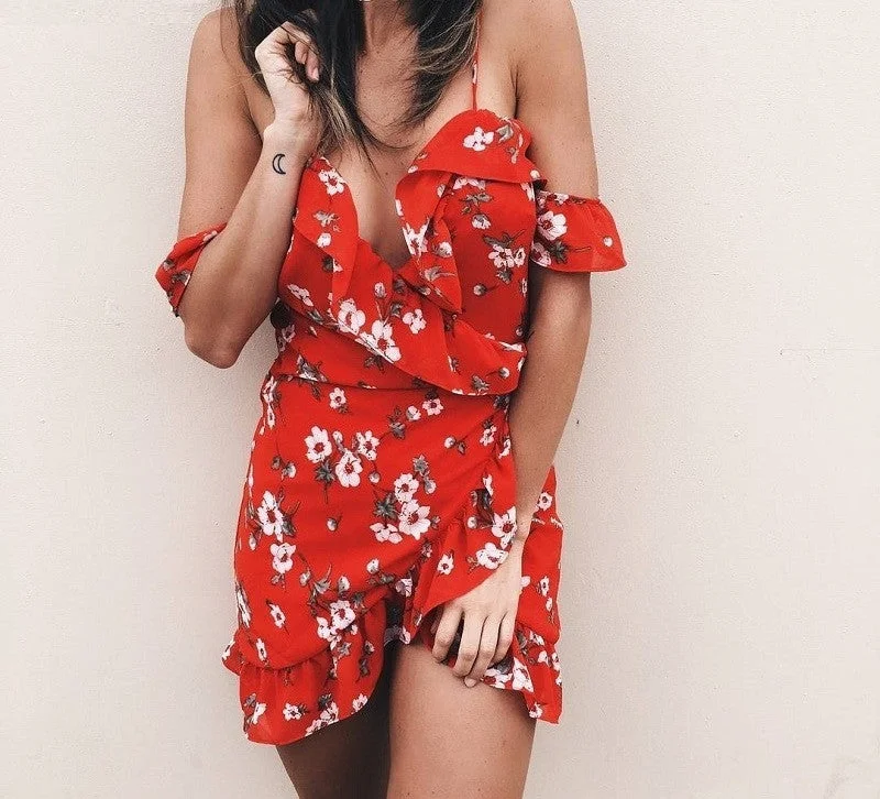 Deal Frenzy Floral Pattern Dress With Ruffle Shoulder