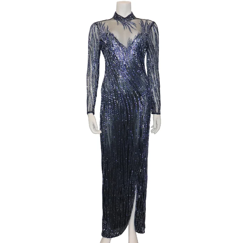 Super Savings Bob Mackie Black Mesh w/ Blue Beading Long Sleeve High Neck Gown Circa 1990s