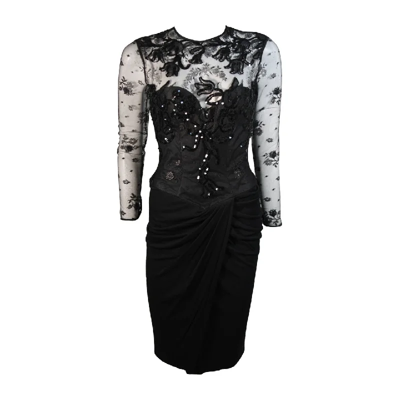 Sale Event VICKY TIEL Black Lace Cocktail Dress with Draped Jersey Skirt Size Small