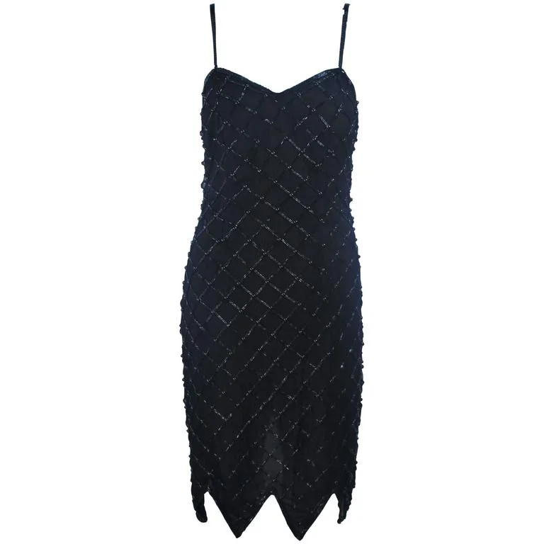 Hurry In VINTAGE Black Beaded Cocktail Dress with Scalloped Hem Size M