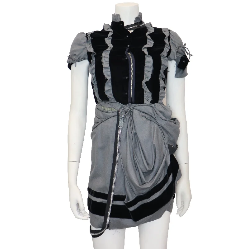 Final Clearance Balenciaga Grey Wool & Black Velvet Deconstructed Dress w/ Zippers Circa 1990s