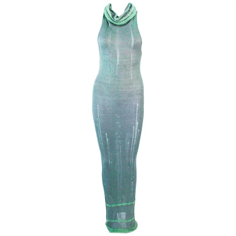 Super Sale KORBOL 2005 Aqua Iridescent Knit Sheer Maxi Dress Size 4