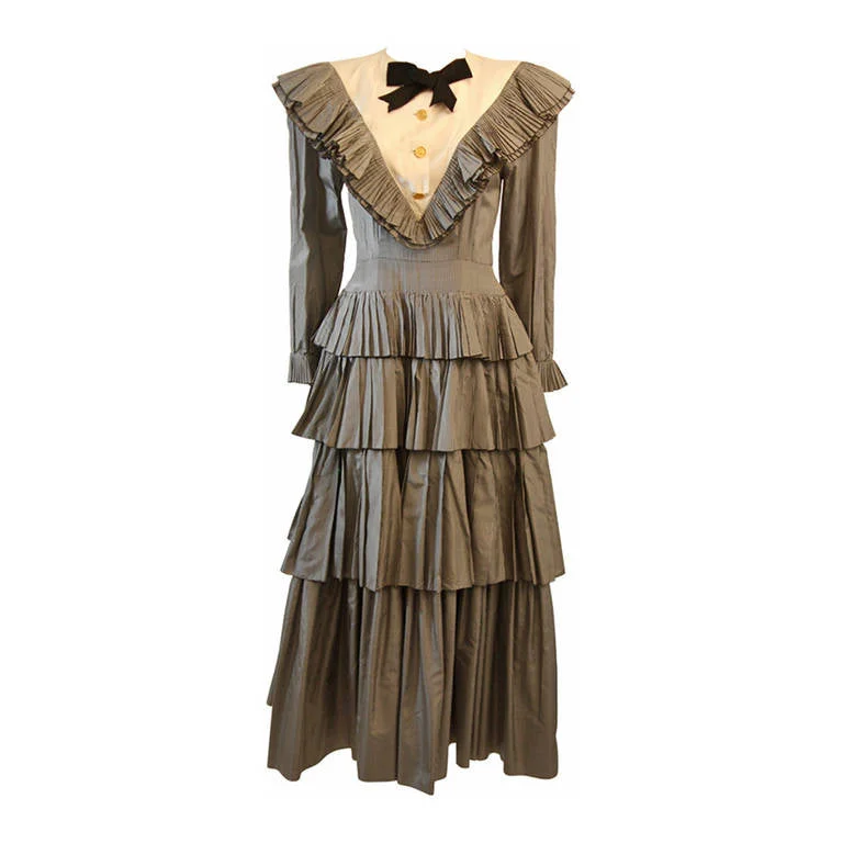 Daily Deals CHANEL Edwardian Tiered Ruffle Gingham Gown with Black Bow