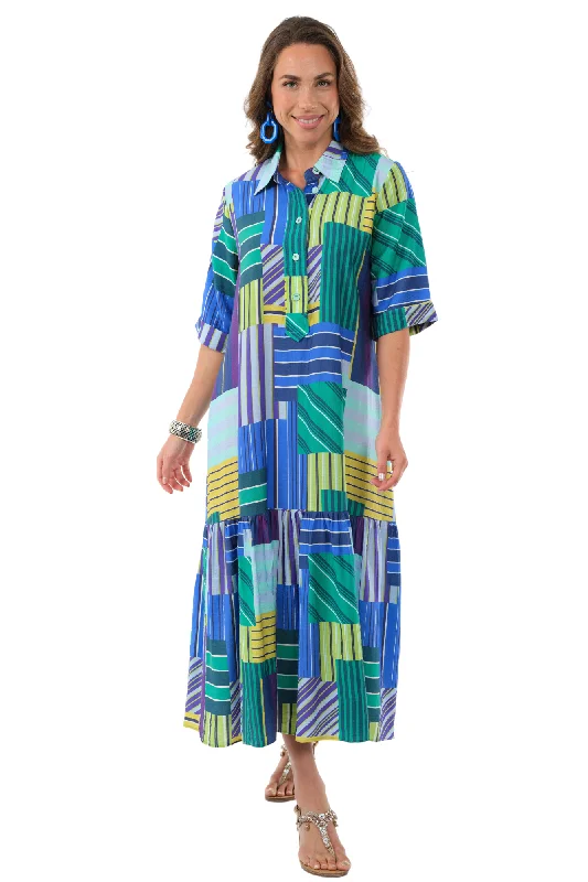 Seasonal Sale Women's Long Blue Color Block Maxi Dress 3/4 Sleeves -"Vega"