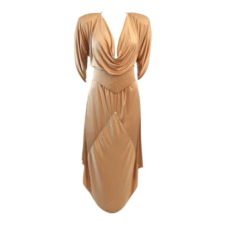 Value Deals BIRGITTA Champagne Jersey Dress with Rhinestones and Belt