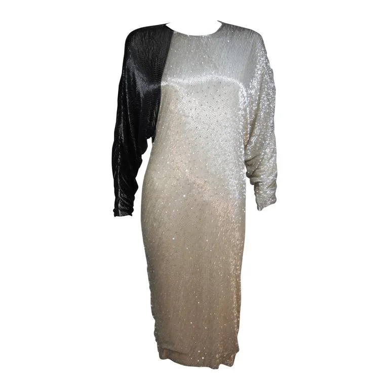 Flash Deals VINTAGE Circa 1980s Black and Silver Silk Cocktail Dress SIze 4-6