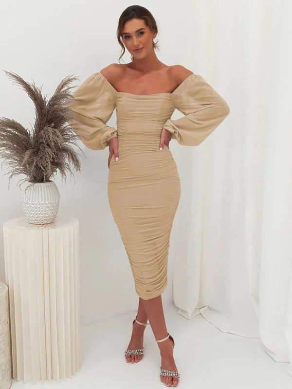 Get It Before It’s Gone Women's Square Neck Ruched Bodycon Dress With Sheer Lantern Sleeves