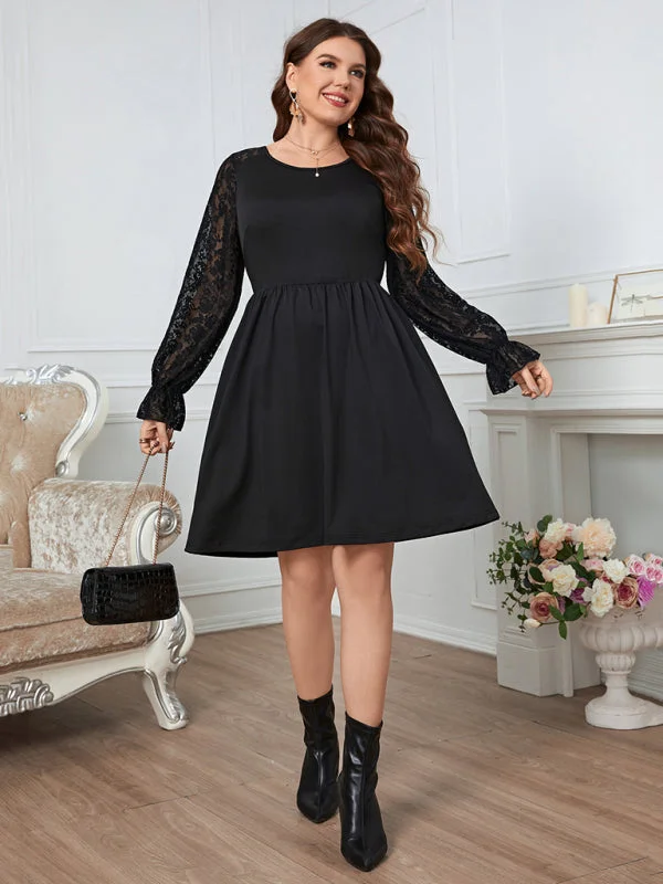 Price Break Women's Plus Size Black A Line Dress With Long Lace Sleeves