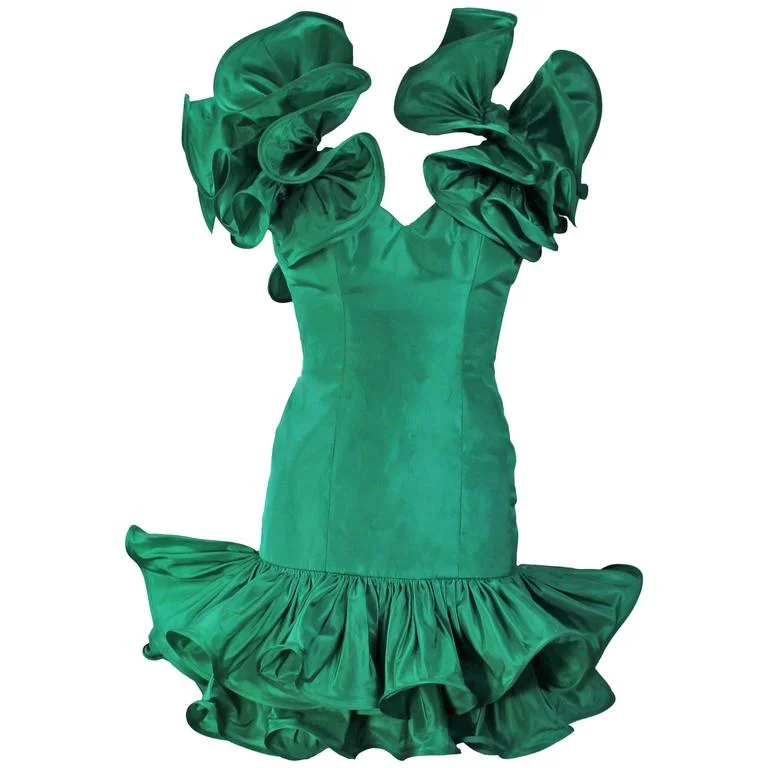 Special Price TRAVILLA Attributed Kelly Green Ruffled Cocktail Dress Size 6