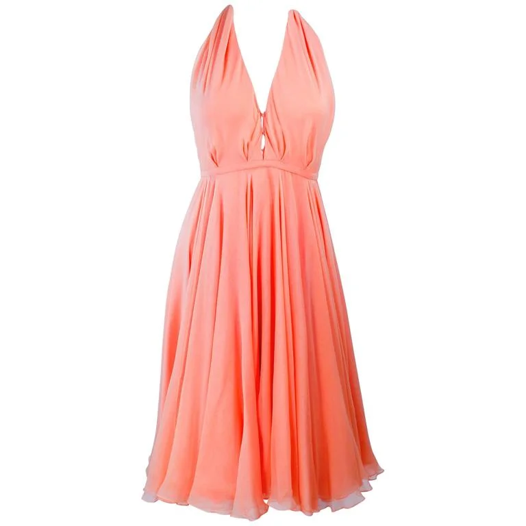 Must-Have Deals HALSTON 1970s Peach Layered Silk Chiffon Cocktail Dress Size 2-4