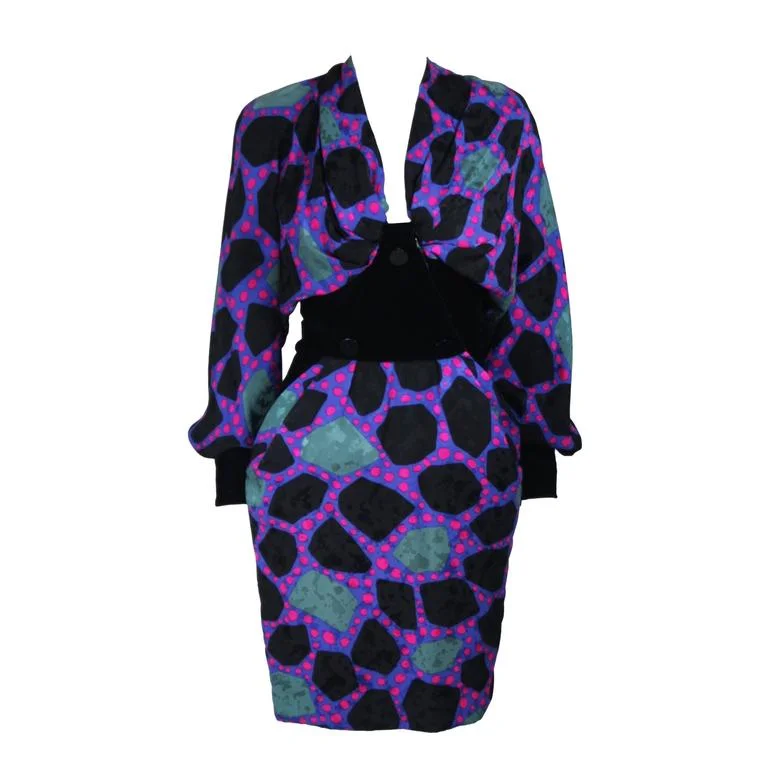 Deal of the Day JACQUELINE DE RIBES 1990s Abstract Velvet Dress Size 6-8