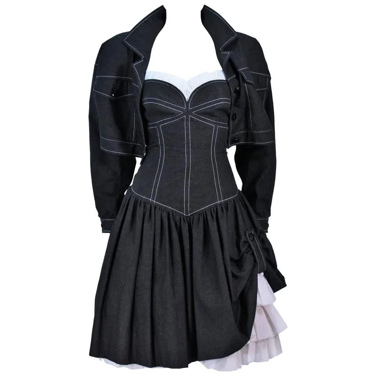 New Arrival TRAVILLA Denim Cocktail Dress, Jacket w/ White Stitching Size 8-10