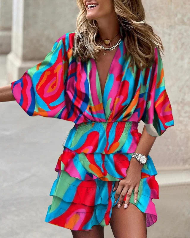 Early Bird Discount Women's Dolman Sleeve V-Neck Vibrant Print Ruffle Dress