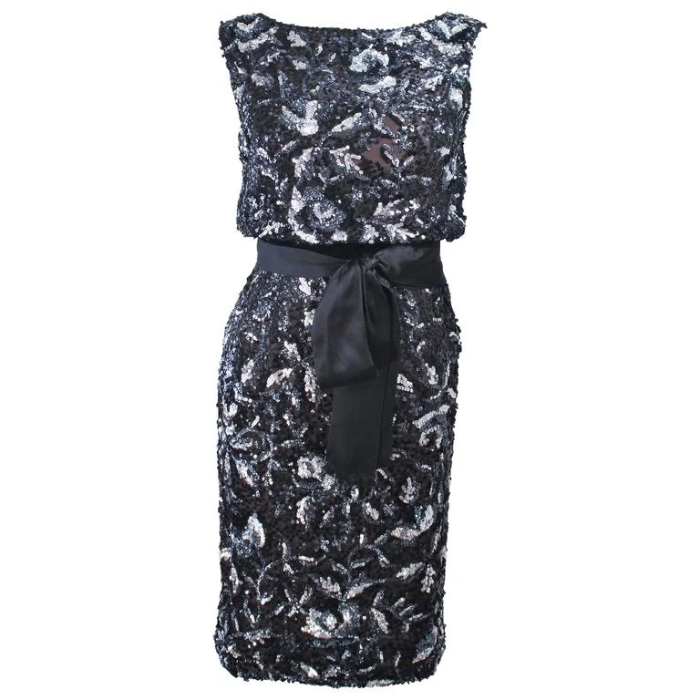 Online Only VINTAGE Circa 1960s Black and Silver Floral Cocktail Dress Size 2