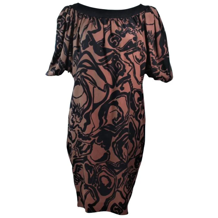 Sneak Peek Sale YVES SAINT LAURENT Brown Silk Abstract Floral Dress Size 36