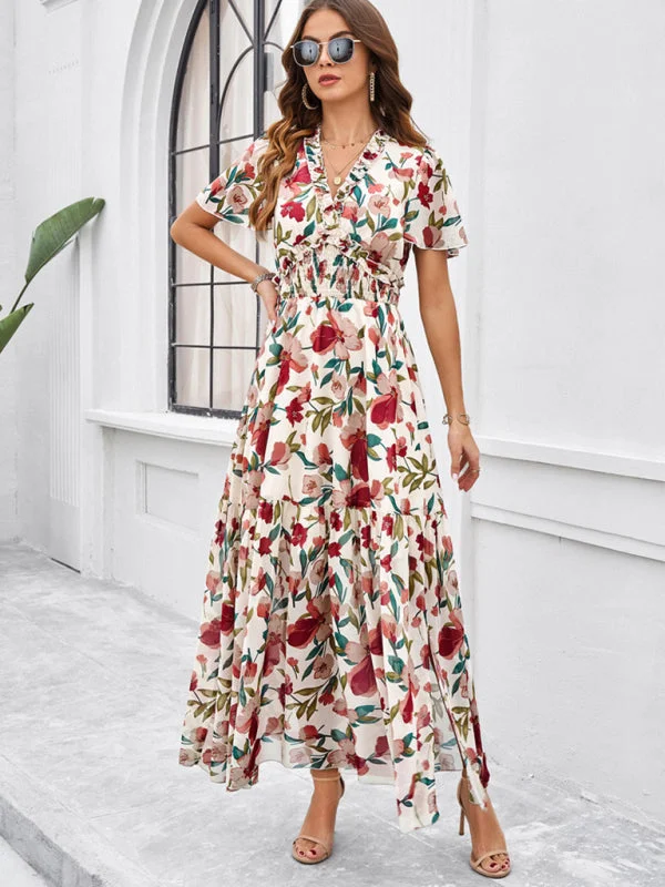 Value Deals Women's Floral Print Flowy Floor Length Dress With V-Neck And Short Sleeves