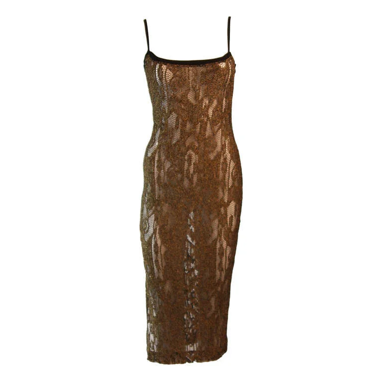 Steals and Deals RIFAT OZBEK Sheer Gold Metallic Knit Dress