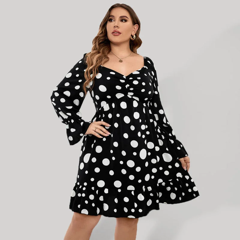Savings Alert Women's Plus Size Sweetheart Neck Dot Print Ruched Puff Sleeve A Line Dress