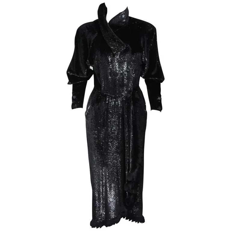 Friends and Family Sale FENDI 1980s Black Reflective Velvet Texture Wrap Dress w/ Mink 42