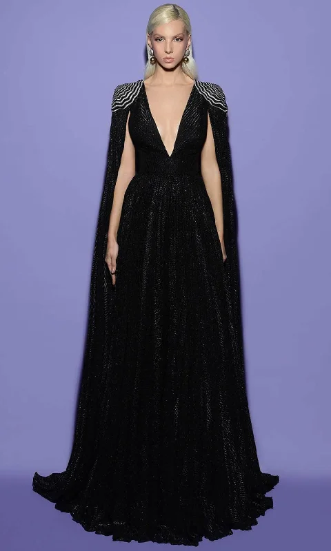 Exclusive Preview Tarik Ediz 98456 - Epaulette Detailed A-Line Evening Gown