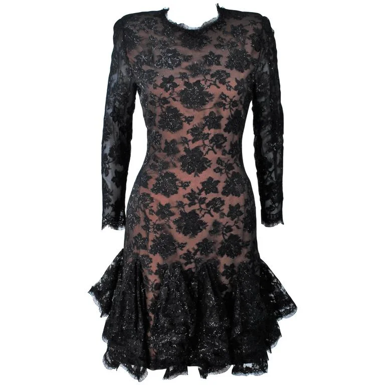 Overstock TRAVILLA Black Lace Cocktail Dress with Ruffle Hem Size 8