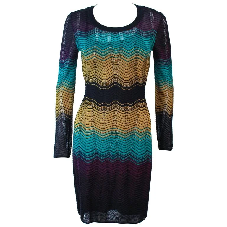 Online Only MISSONI Navy and Mustard Zig Zag Knit Dress Size 40