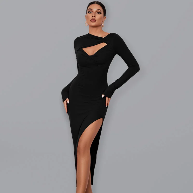 Reduced Prices Women’s Long Sleeved Angled Neckline Dress With Front Cutouts And Leg Slit