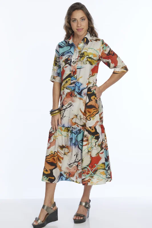 Closeout Beige Abstract Dress Button-Down Collar VEGA | LIOR
