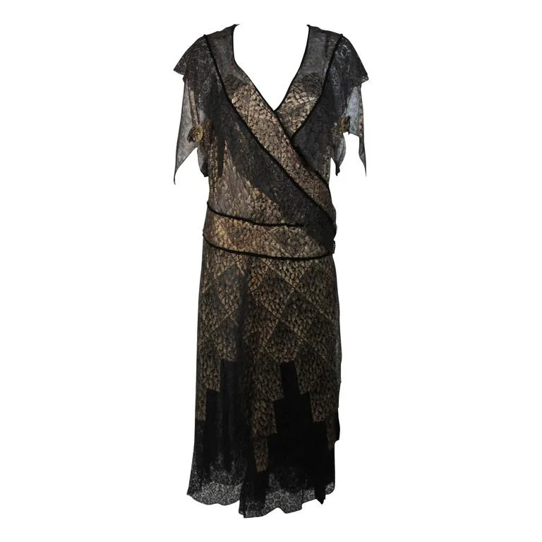 Big Discounts VINTAGE Circa 1920s Black & Gold Lace Velvet Draped Dress