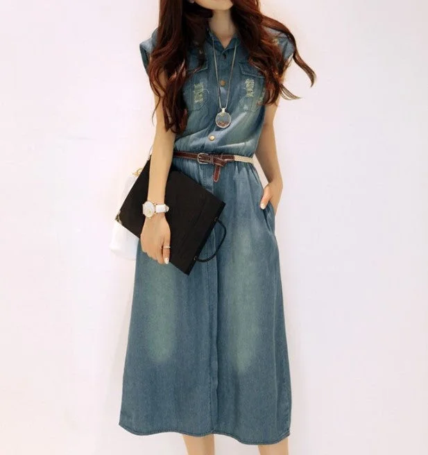 Sale Event Summer Women's Casual Turn-Down Collar Short Sleeve Denim Dress